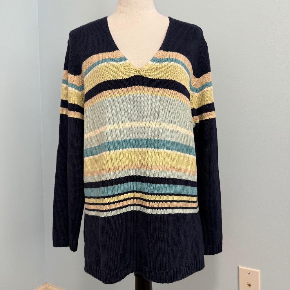 Eddie Bauer Women's Blue & Green Striped Cotton V-Neck Pullover Sweater Size L